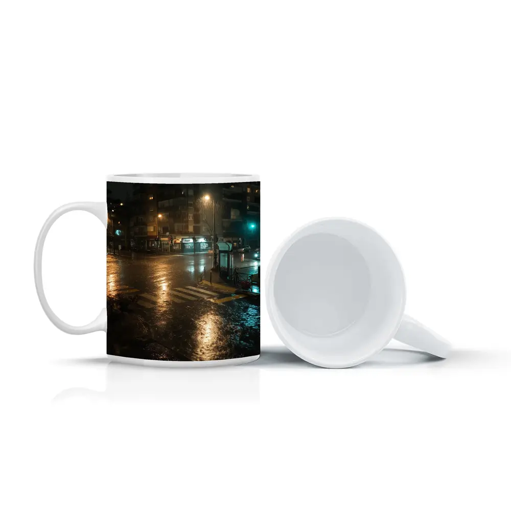 Rainy City Street Corner At Night – Mugs