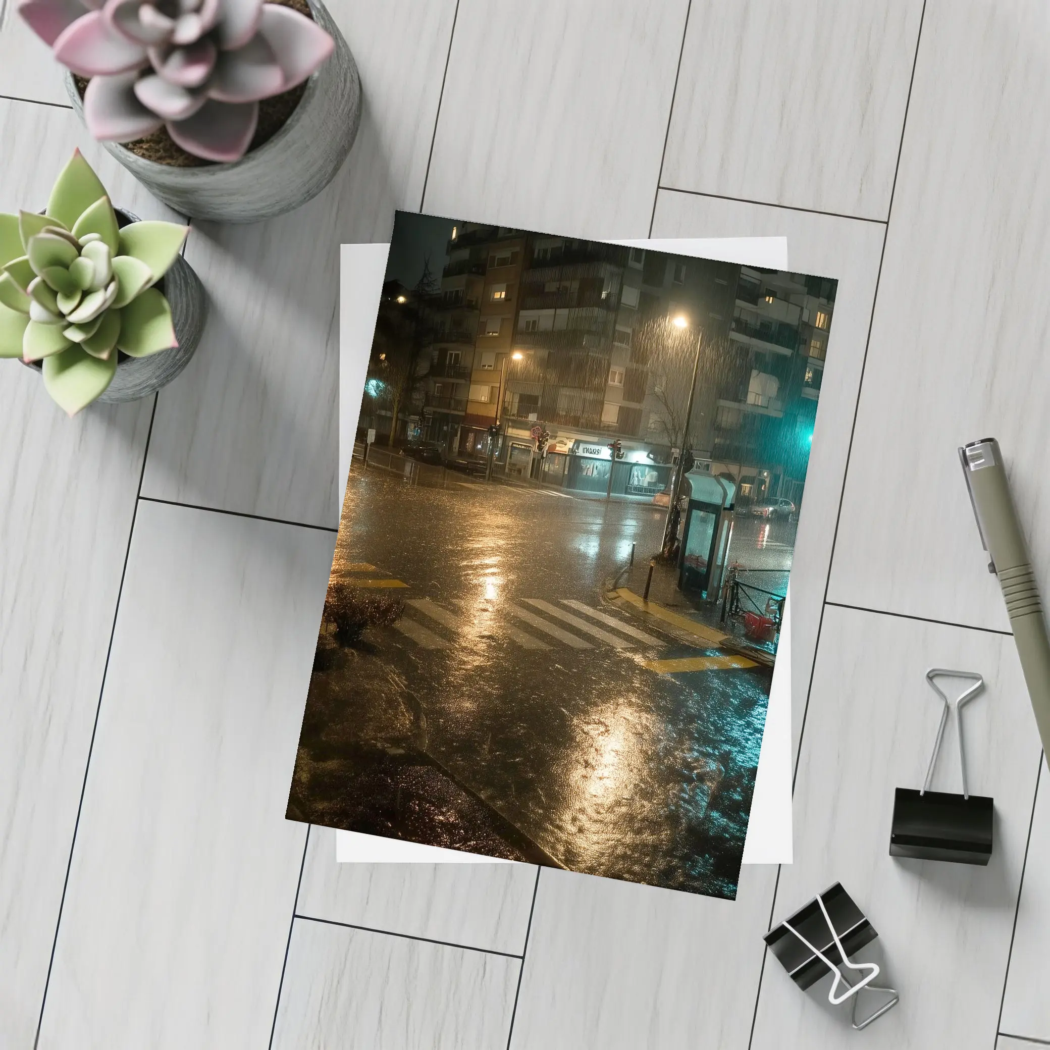 Rainy City Street Corner At Night – Postcards