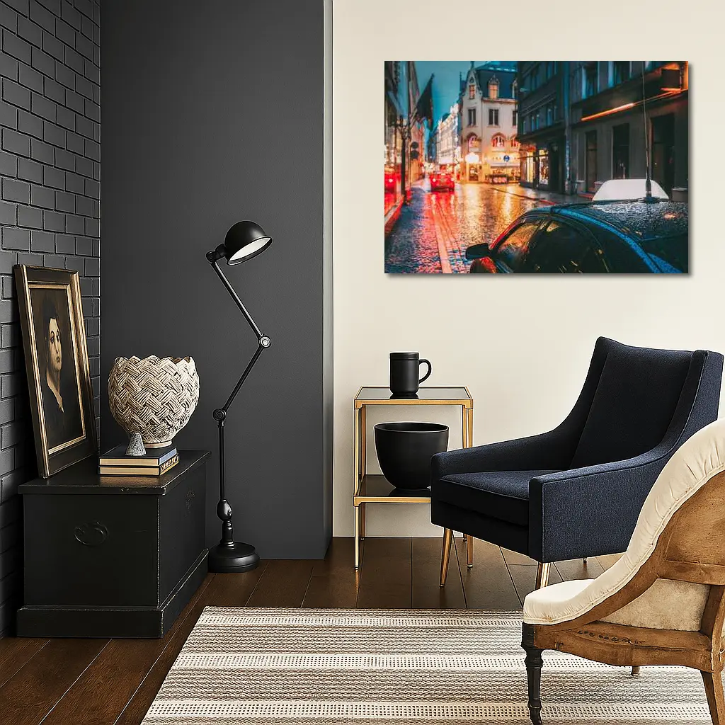 Rainy City Street Night Wet Cobblestones – Wall Art