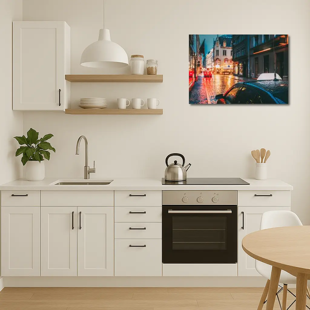 Rainy City Street Night Wet Cobblestones – Wall Art