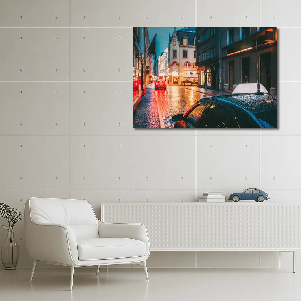 Rainy City Street Night Wet Cobblestones – Wall Art