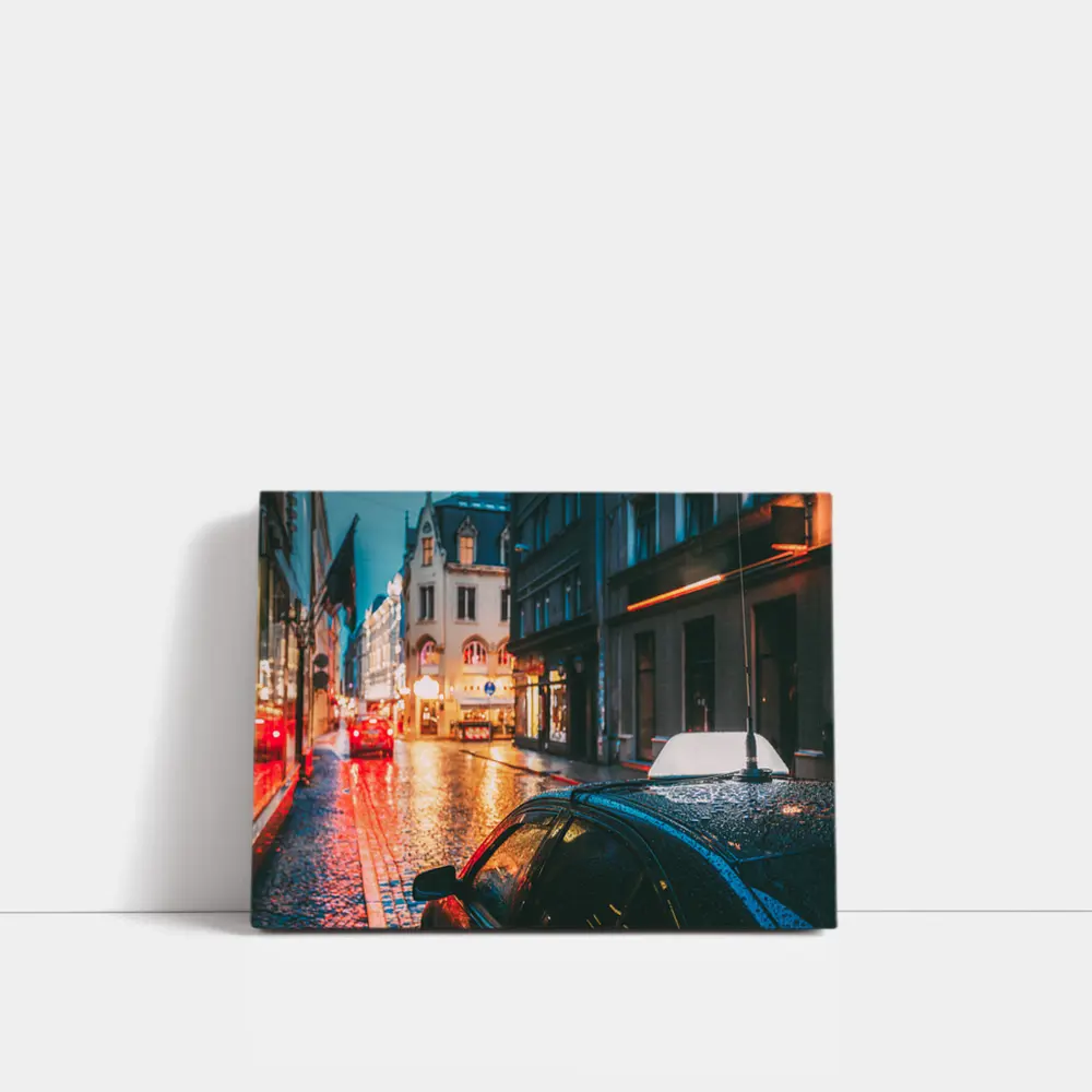 Rainy City Street Night Wet Cobblestones – Wall Art