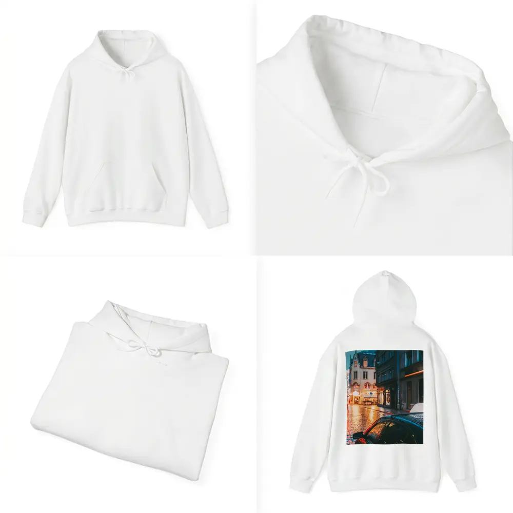 Rainy City Street Night Wet Cobblestones – Hoodies