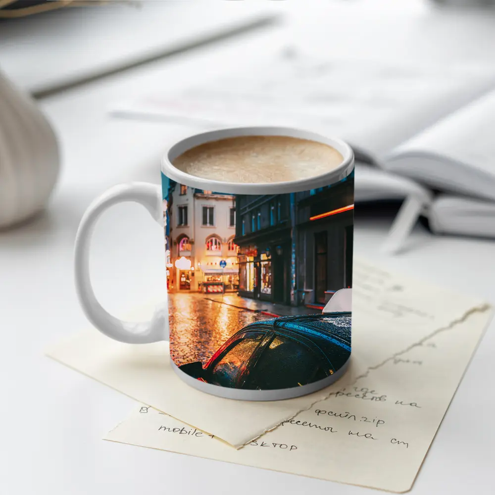 Rainy City Street Night Wet Cobblestones – Mugs