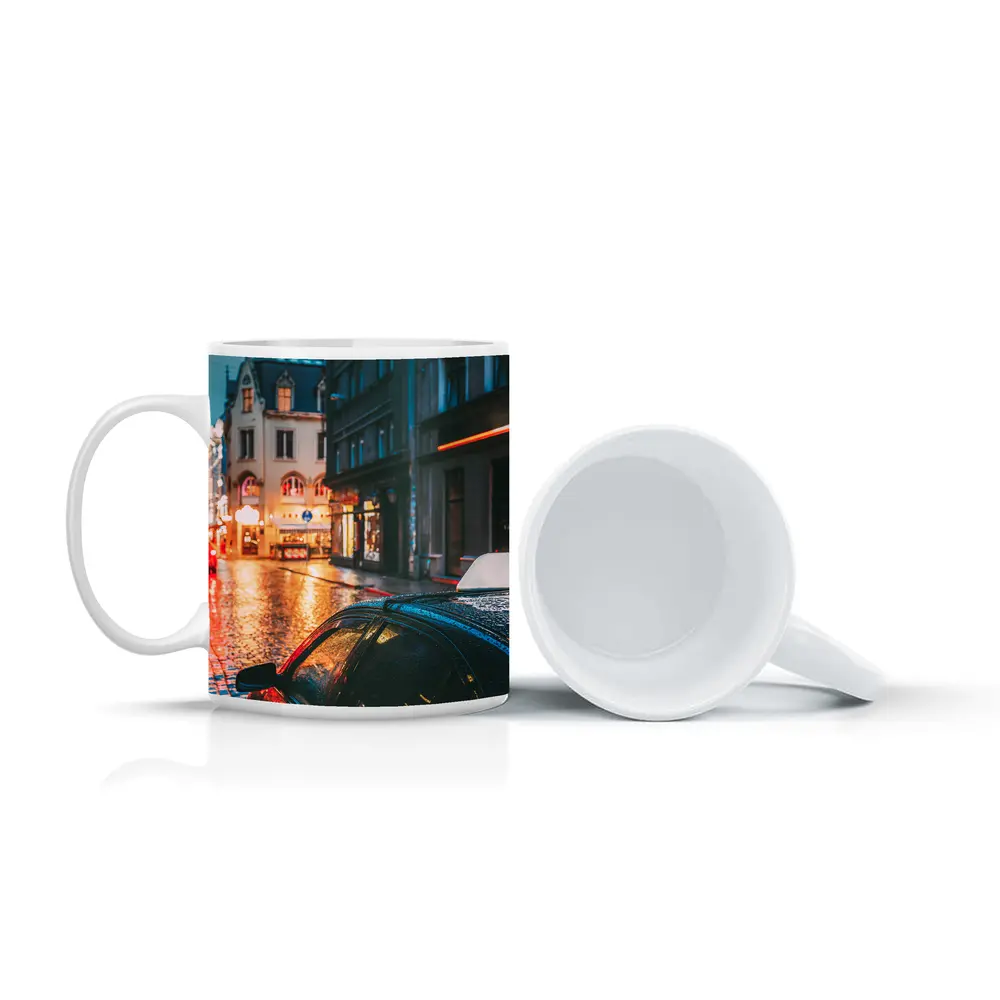 Rainy City Street Night Wet Cobblestones – Mugs