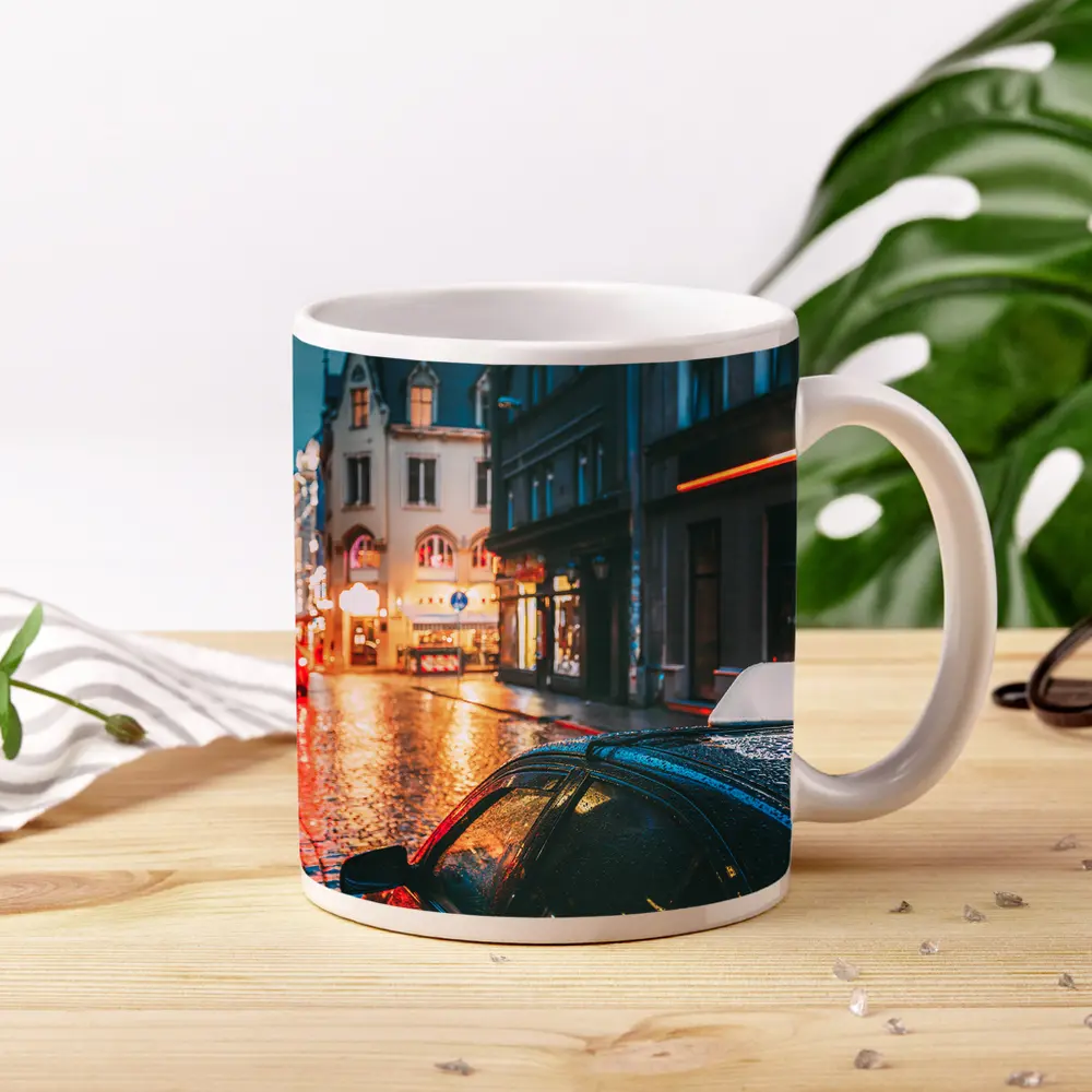 Rainy City Street Night Wet Cobblestones – Mugs