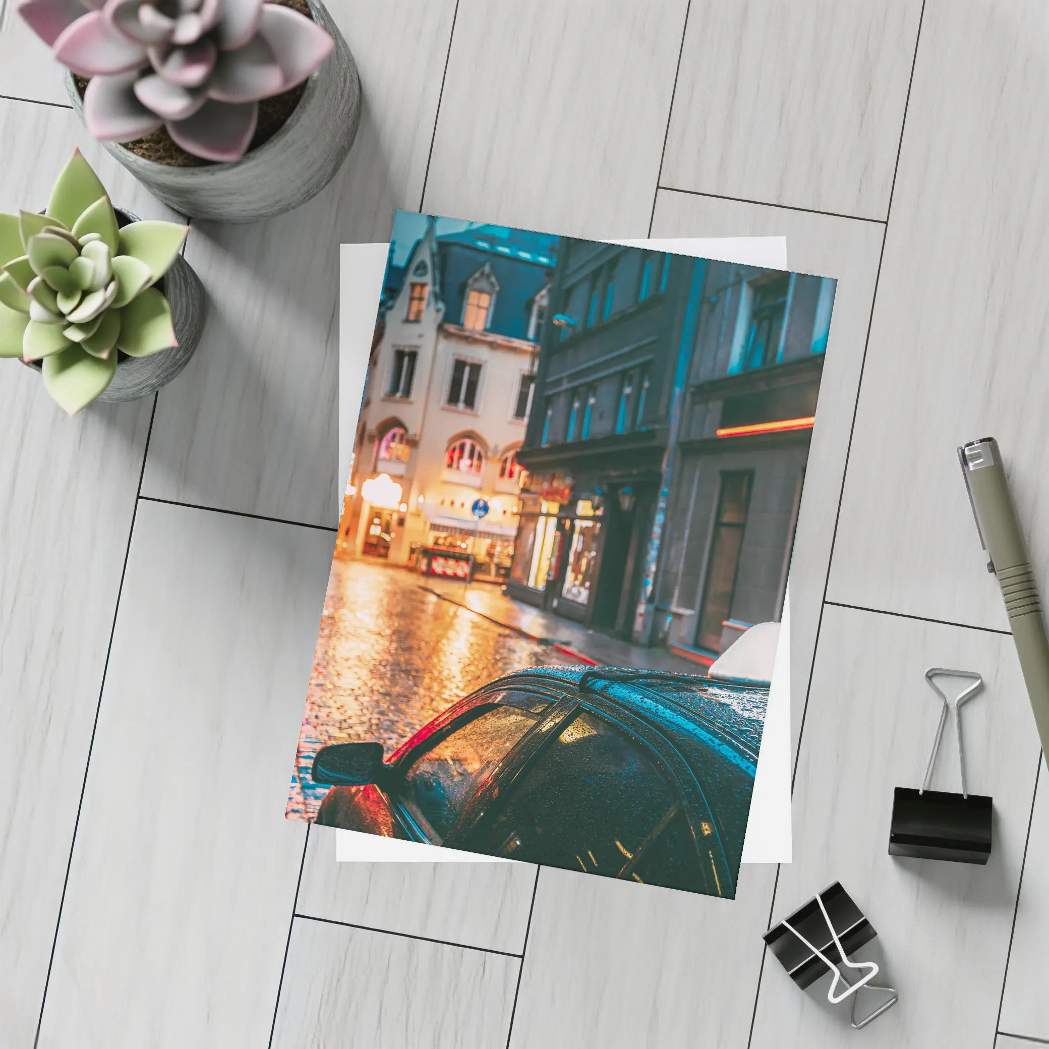 Rainy City Street Night Wet Cobblestones – Postcards