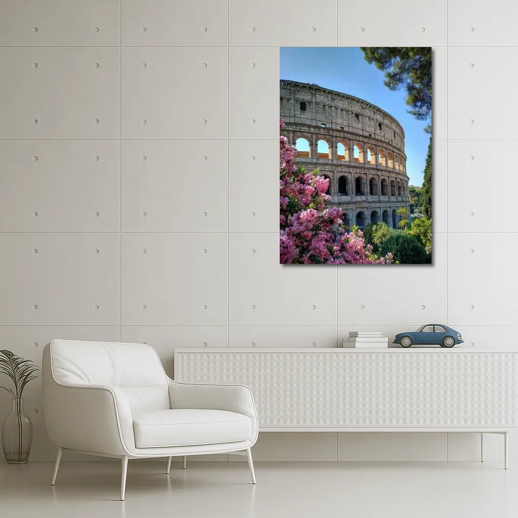Rome Colosseum Pink Flowers Blue Sky – Wall Art