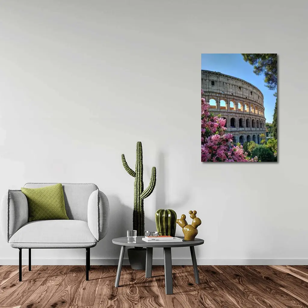 Rome Colosseum Pink Flowers Blue Sky – Wall Art