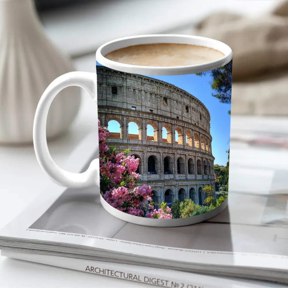 Rome Colosseum Pink Flowers Blue Sky – Mugs