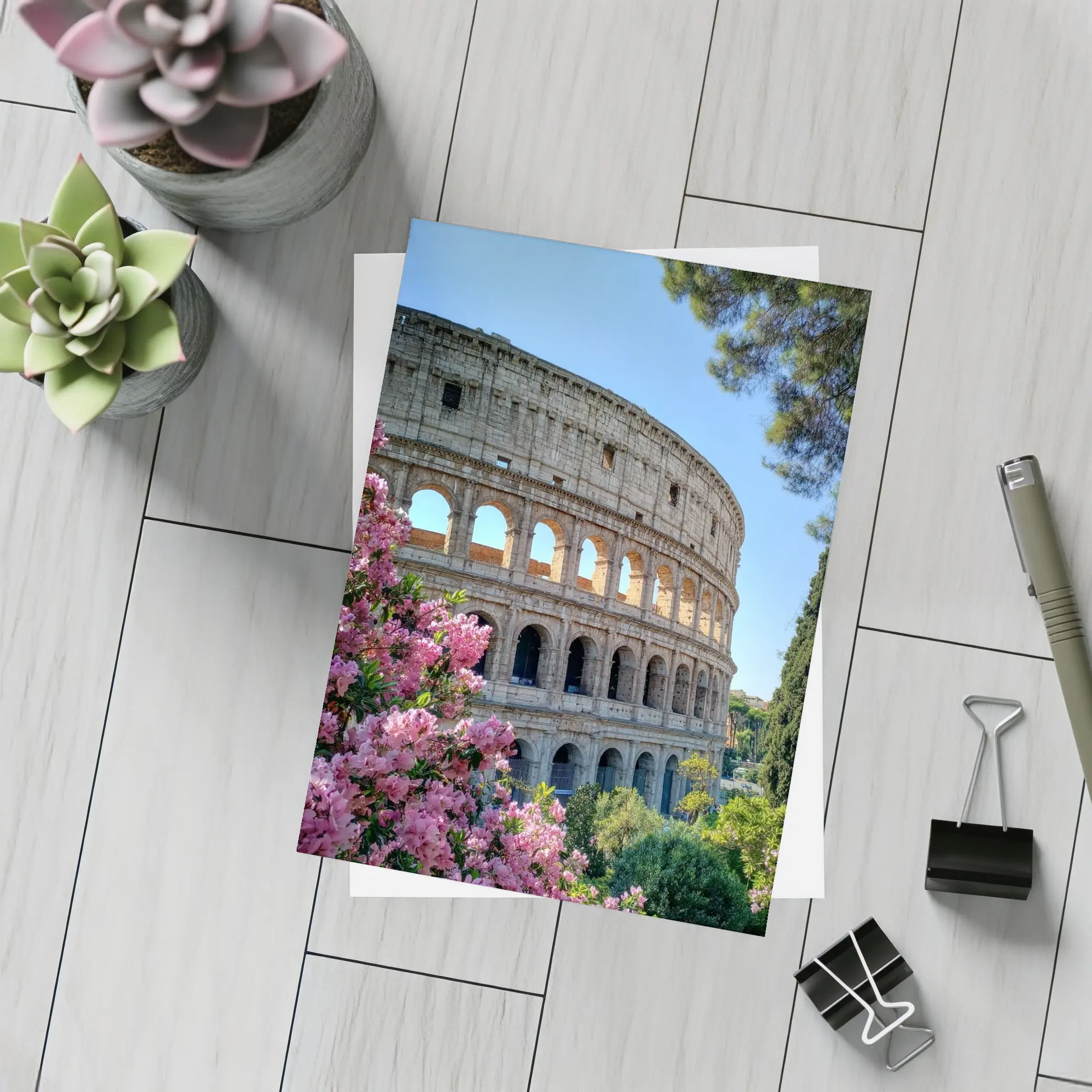Rome Colosseum Pink Flowers Blue Sky – Postcards