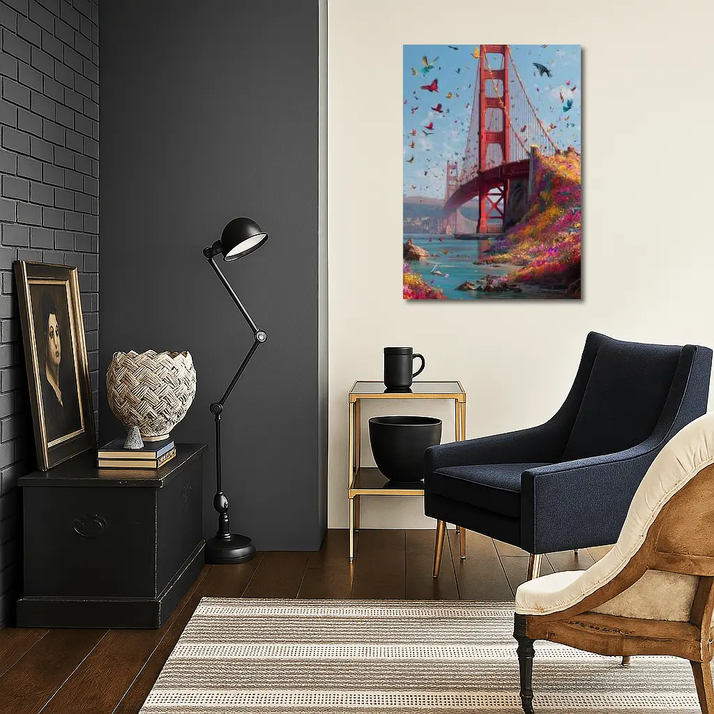 Golden Gate Bridge Flowers Butterflies Blue Sky – Wall Art