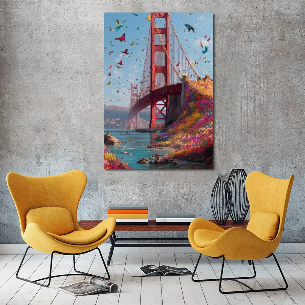 Golden Gate Bridge Flowers Butterflies Blue Sky – Wall Art