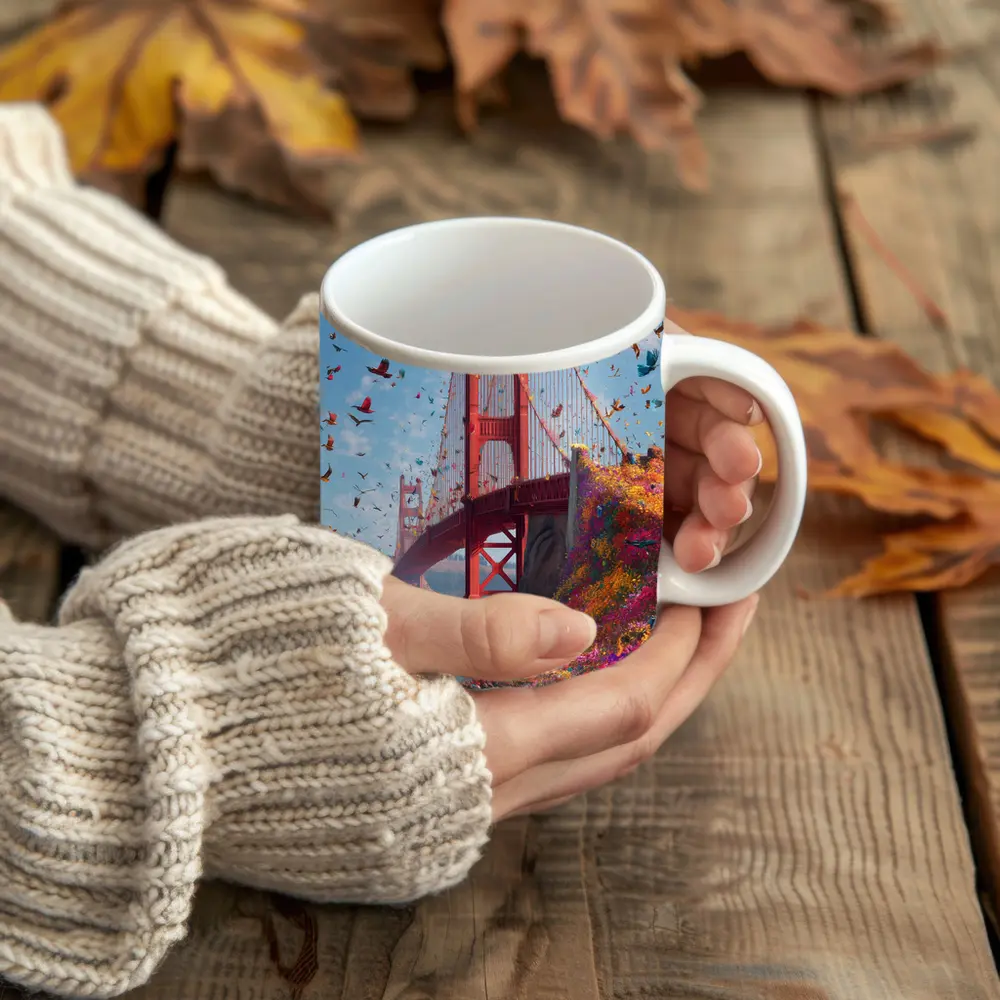 Golden Gate Bridge Flowers Butterflies Blue Sky – Mugs