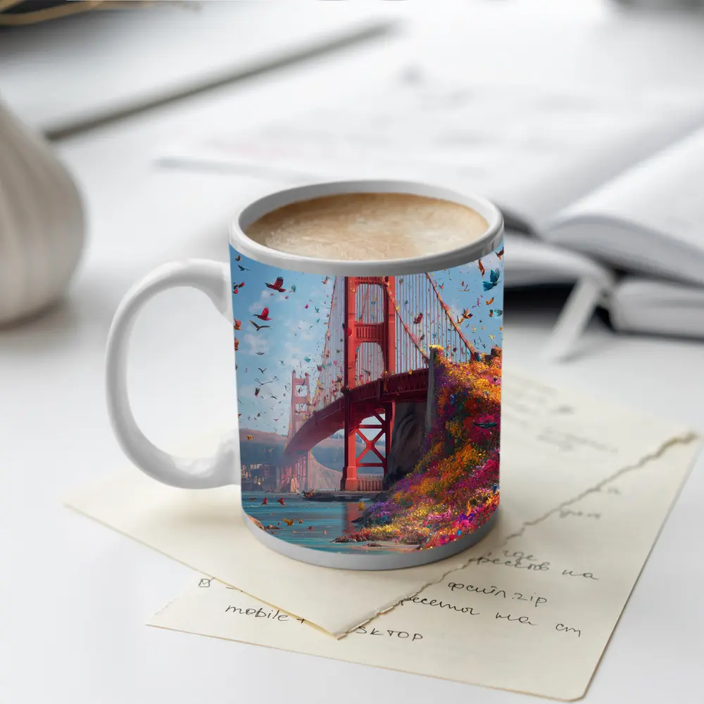 Golden Gate Bridge Flowers Butterflies Blue Sky – Mugs