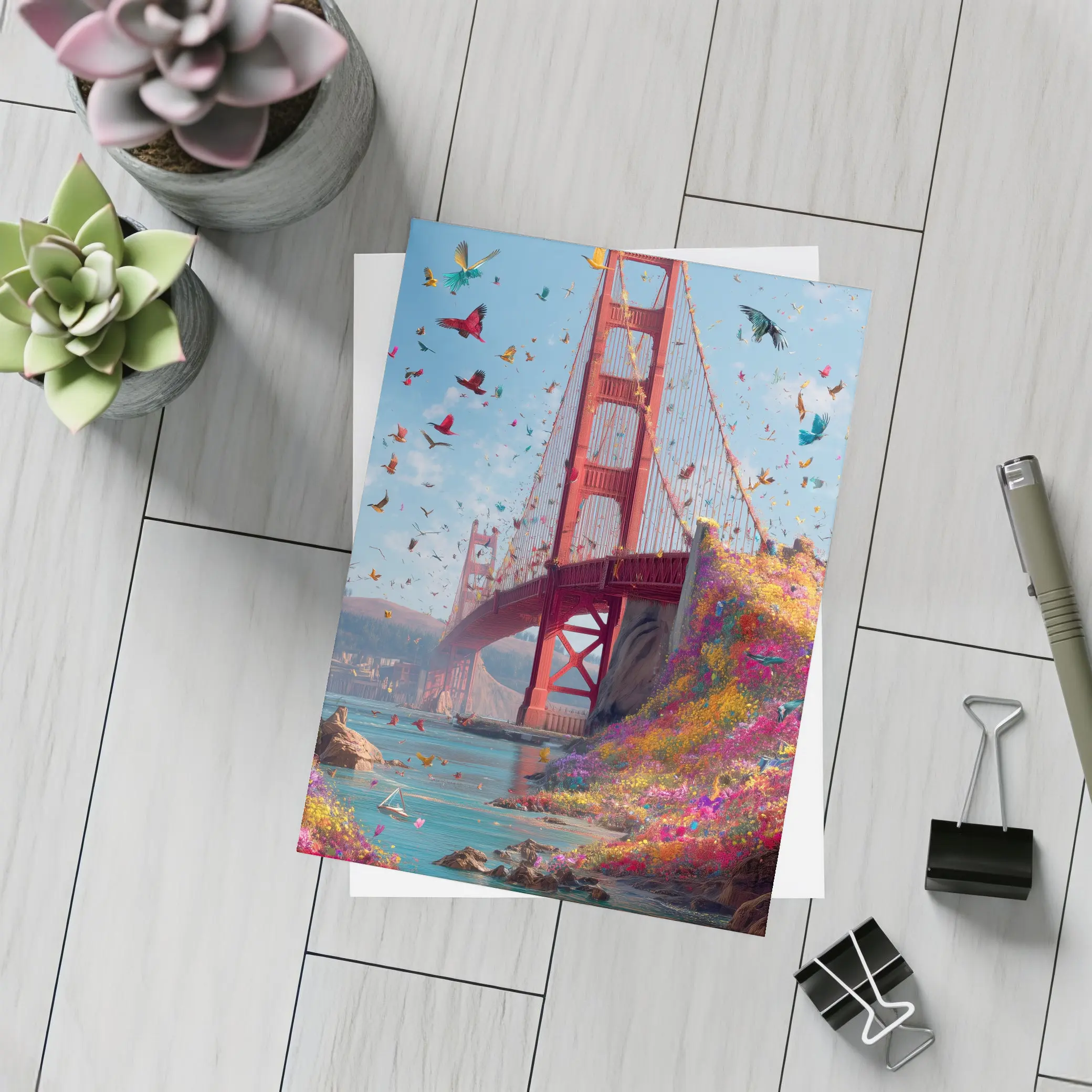 Golden Gate Bridge Flowers Butterflies Blue Sky – Postcards