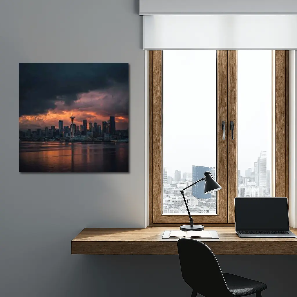 Seattle Space Needle Stormy Sunset Skyline – Wall Art