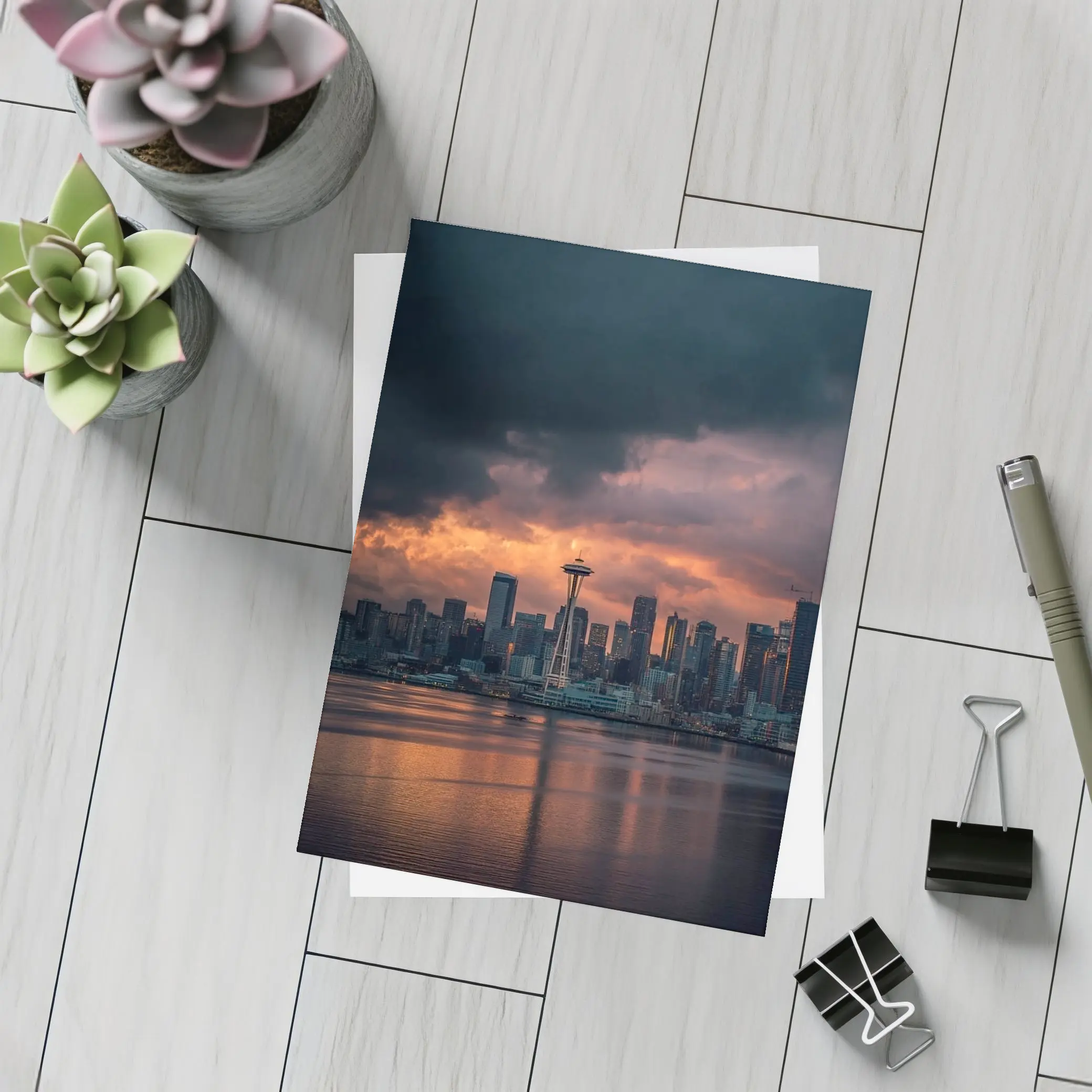 Seattle Space Needle Stormy Sunset Skyline – Postcards