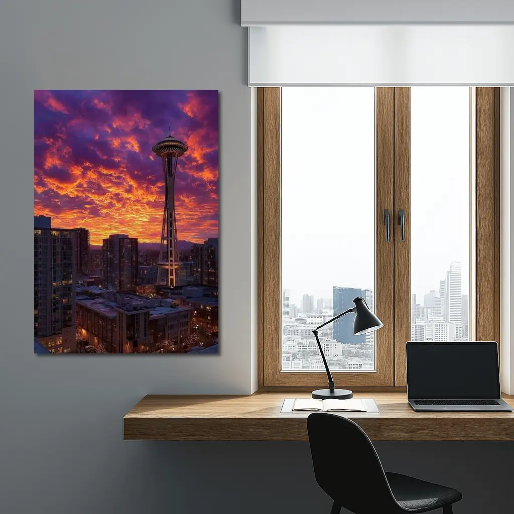 Seattle Space Needle Fiery Sunset Sky – Wall Art