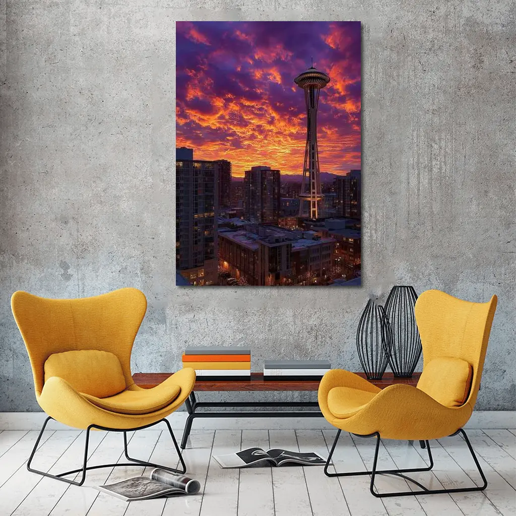 Seattle Space Needle Fiery Sunset Sky – Wall Art