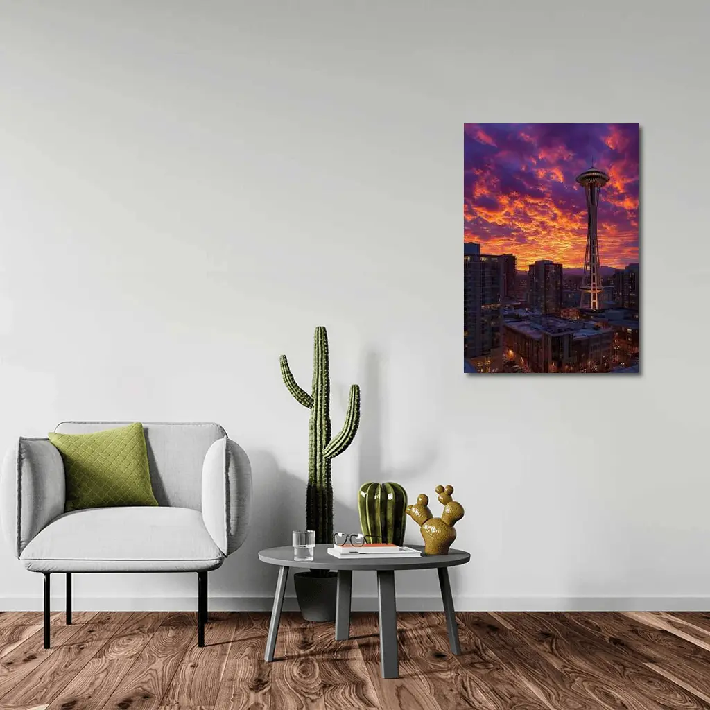 Seattle Space Needle Fiery Sunset Sky – Wall Art