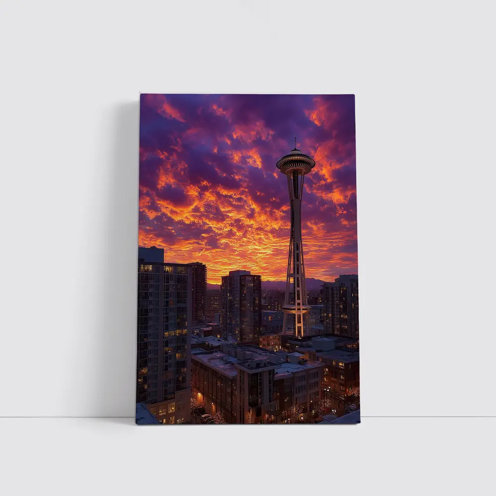 Seattle Space Needle Fiery Sunset Sky – Wall Art