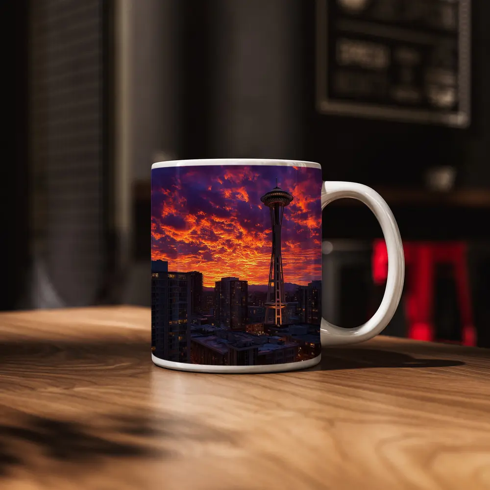 Seattle Space Needle Fiery Sunset Sky – Mugs