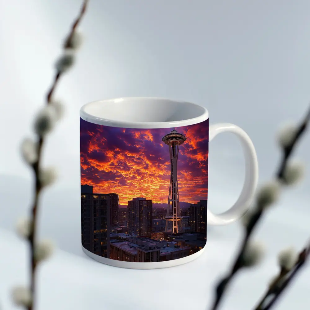 Seattle Space Needle Fiery Sunset Sky – Mugs