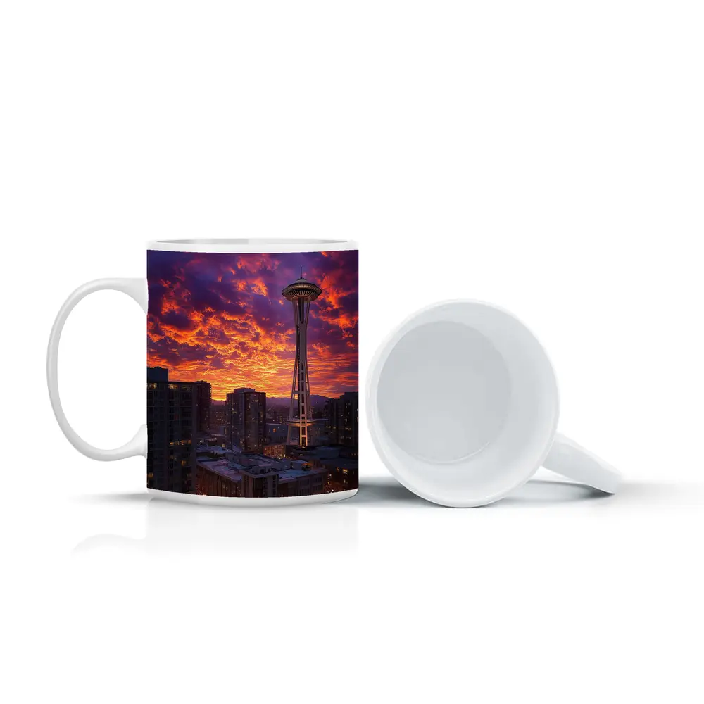 Seattle Space Needle Fiery Sunset Sky – Mugs