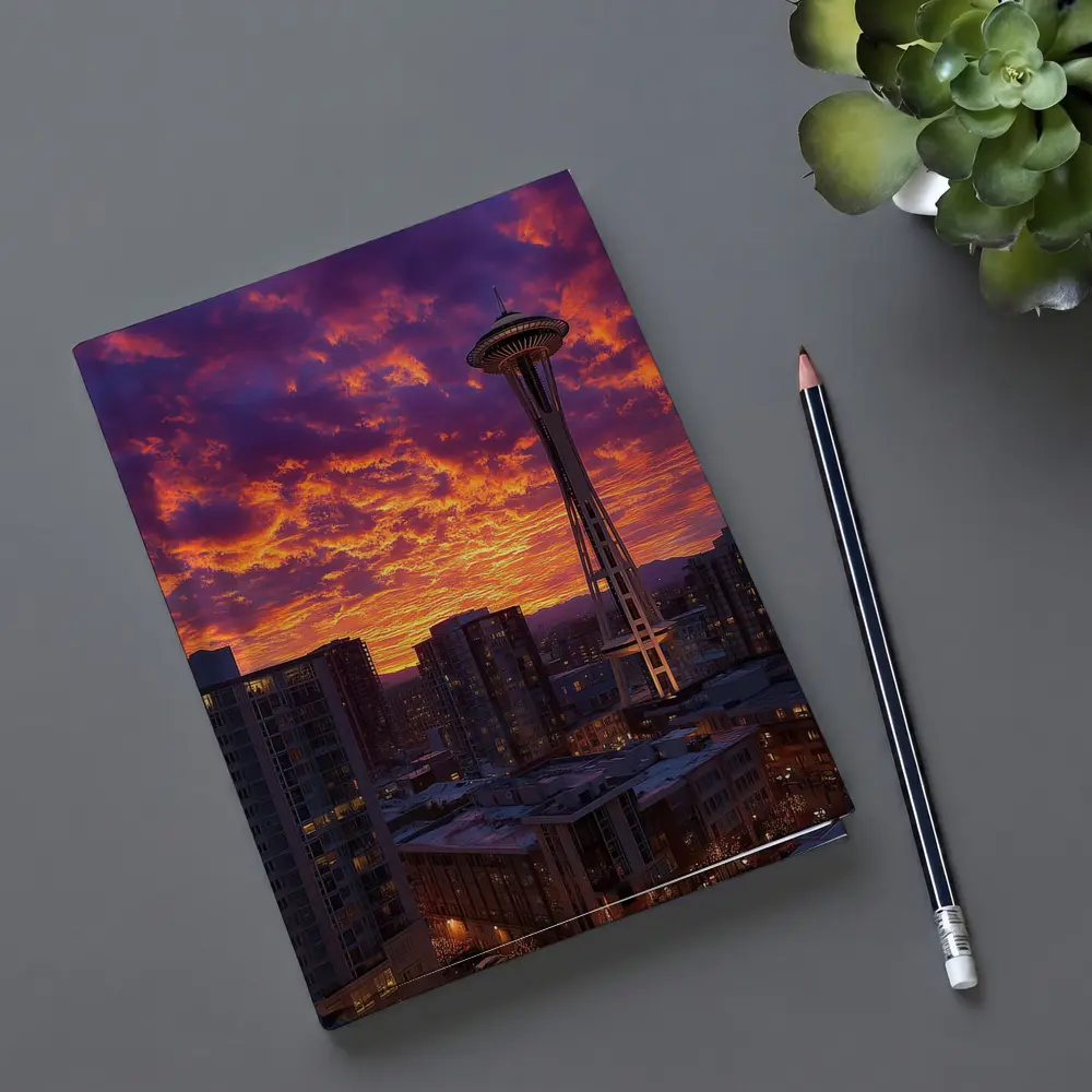 Seattle Space Needle Fiery Sunset Sky – Notebooks