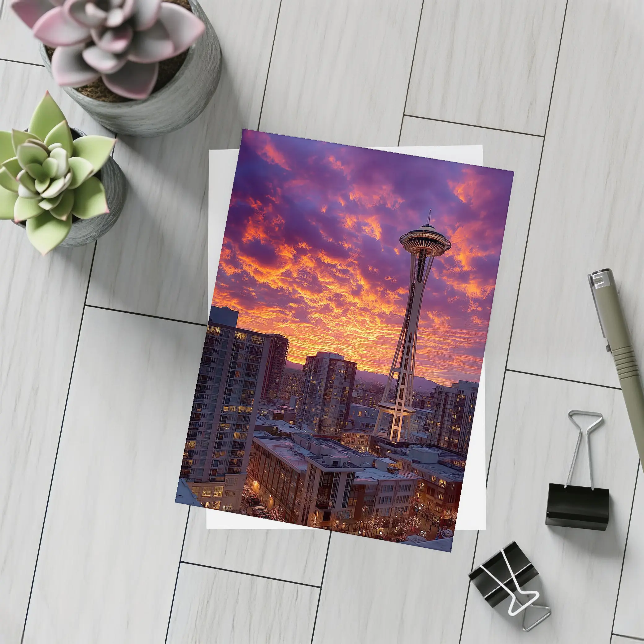 Seattle Space Needle Fiery Sunset Sky – Postcards