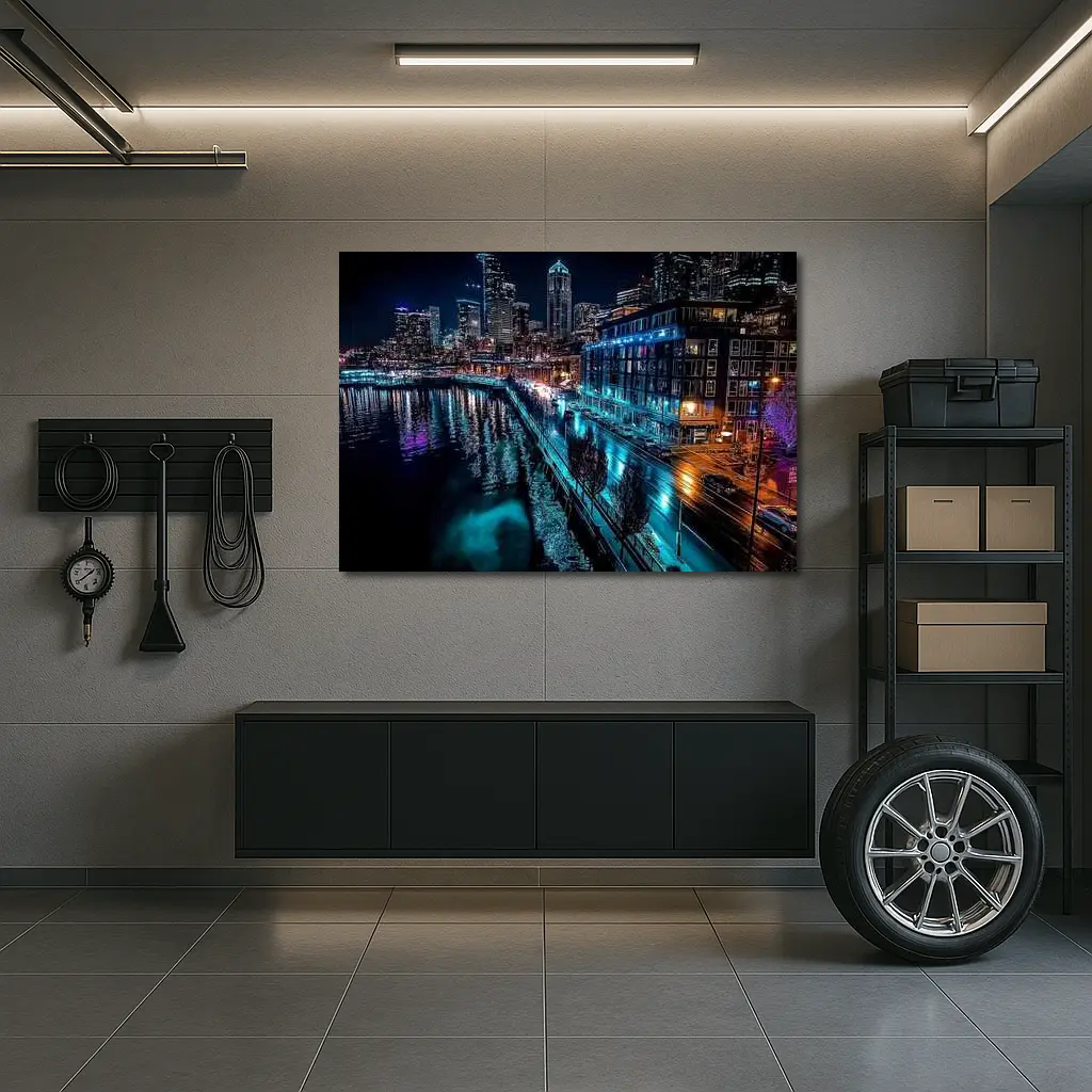 Seattle Waterfront Skyline Glowing At Night – Wall Art
