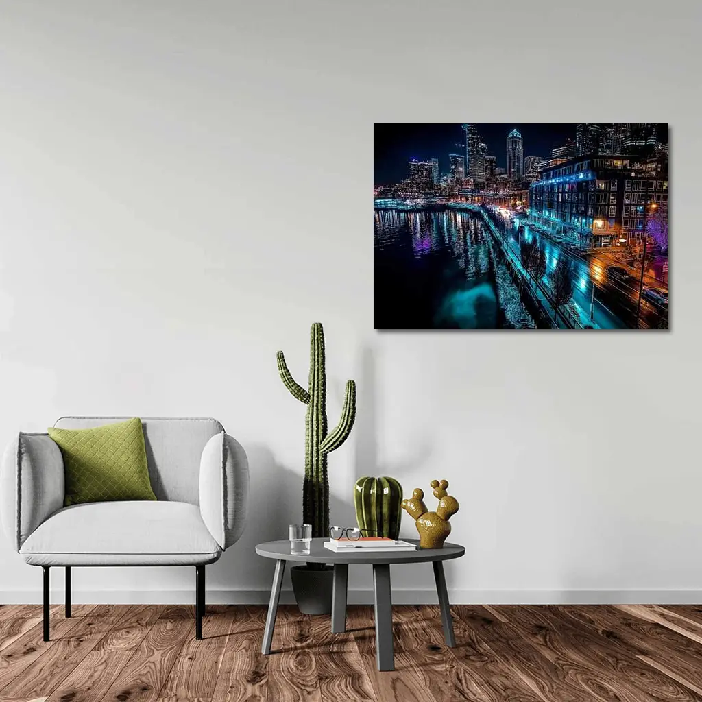 Seattle Waterfront Skyline Glowing At Night – Wall Art