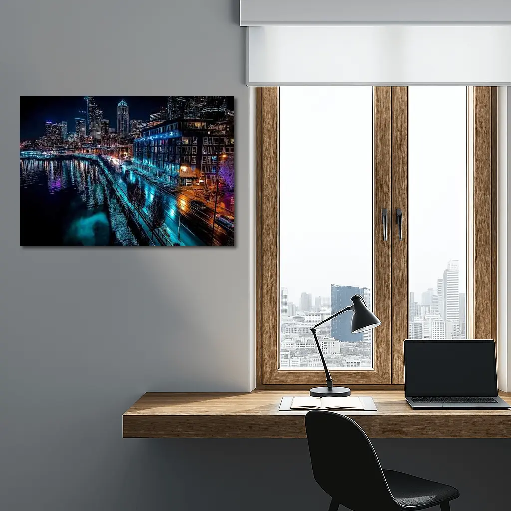 Seattle Waterfront Skyline Glowing At Night – Wall Art