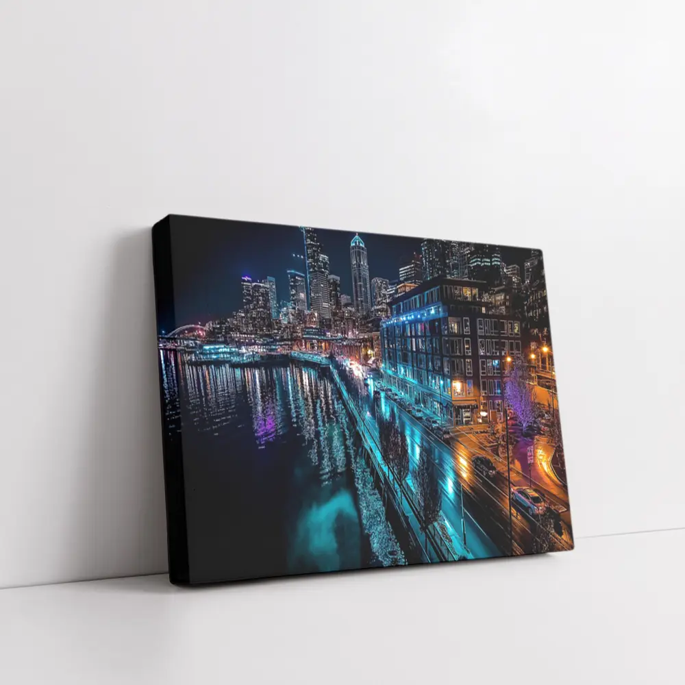 Seattle Waterfront Skyline Glowing At Night – Wall Art