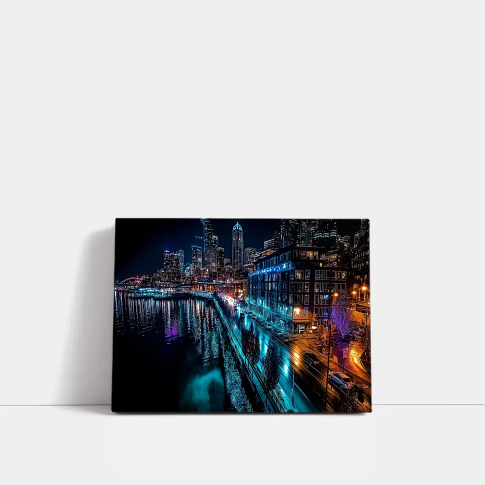 Seattle Waterfront Skyline Glowing At Night – Wall Art