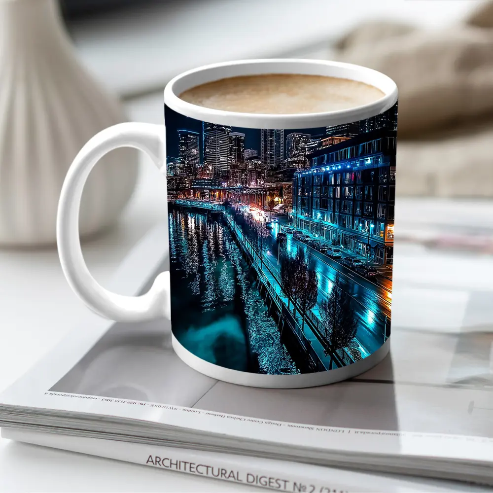 Seattle Waterfront Skyline Glowing At Night – Mugs