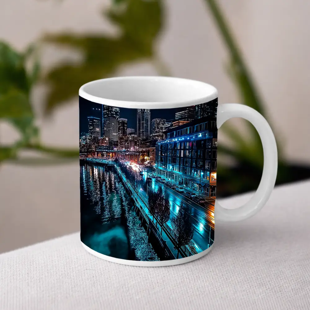Seattle Waterfront Skyline Glowing At Night – Mugs