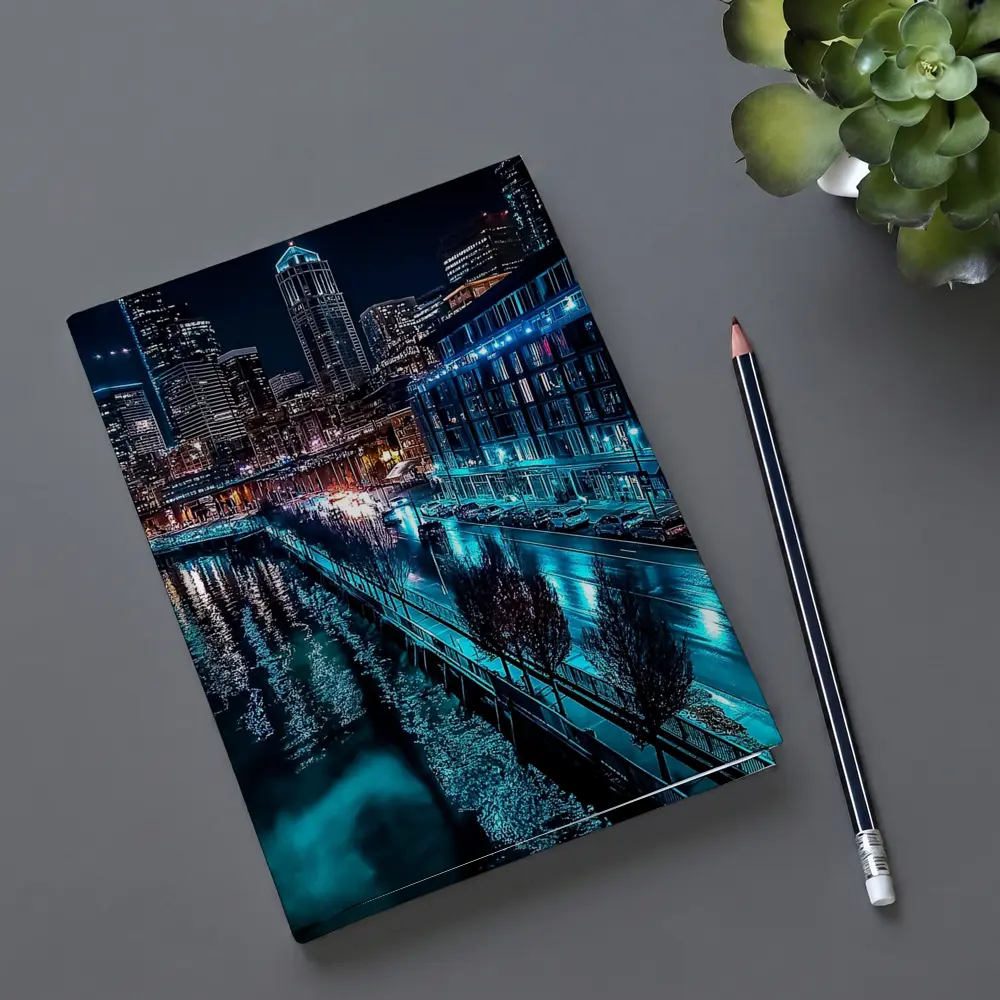 Seattle Waterfront Skyline Glowing At Night – Notebooks