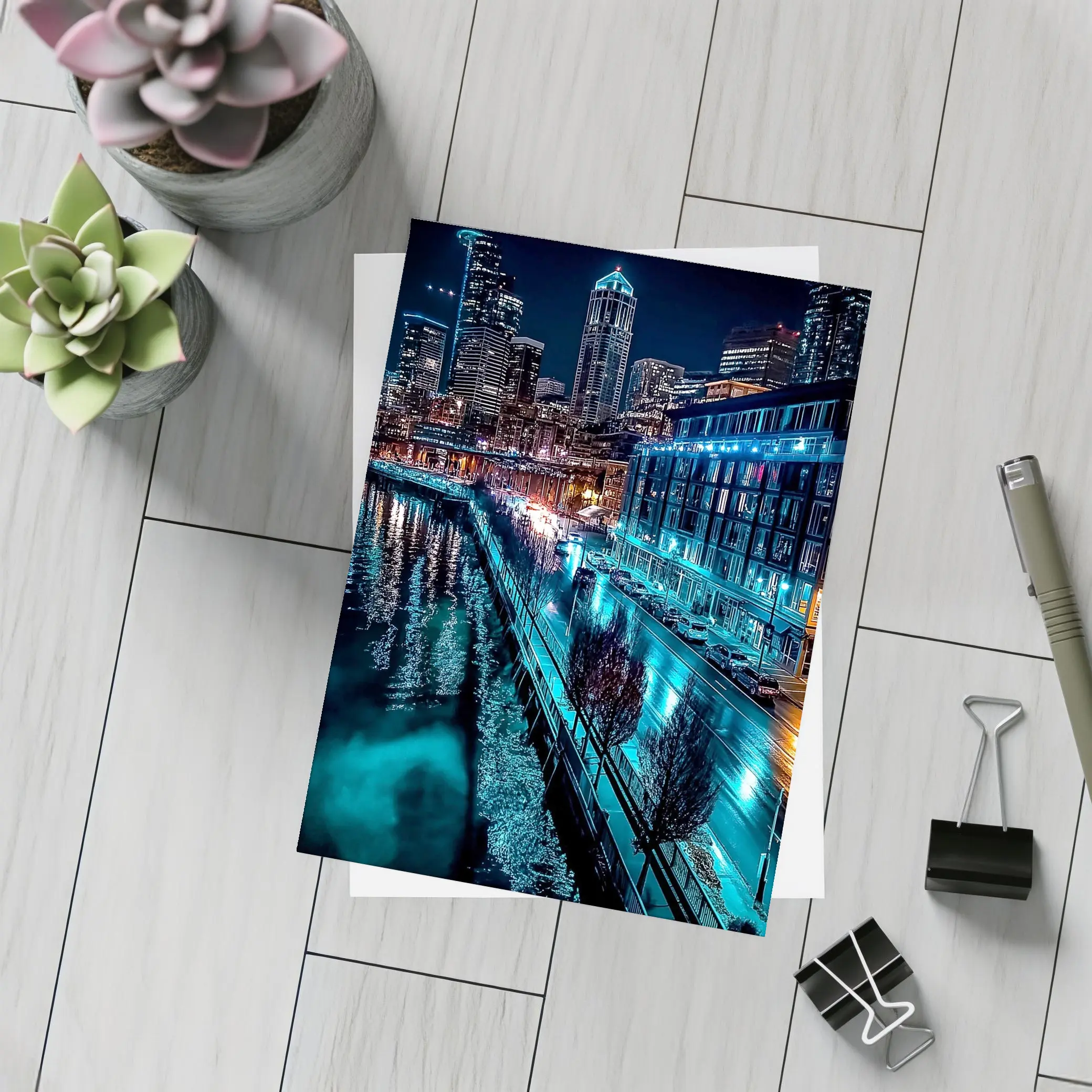 Seattle Waterfront Skyline Glowing At Night – Postcards