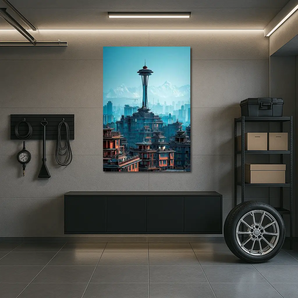 Seattle Space Needle Asian Architecture Skyline Mountains – Wall Art