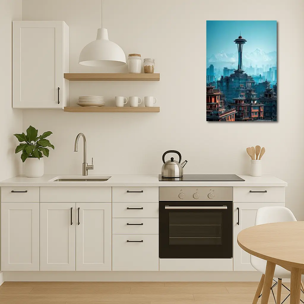 Seattle Space Needle Asian Architecture Skyline Mountains – Wall Art