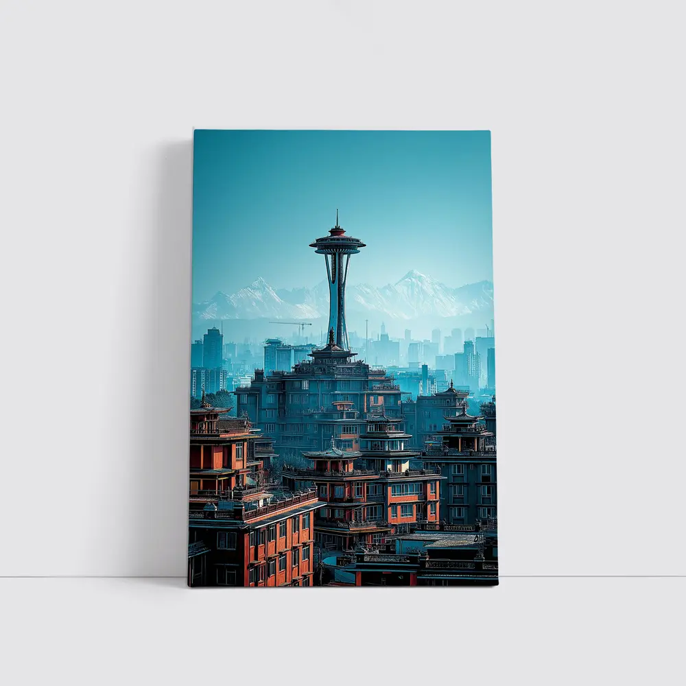 Seattle Space Needle Asian Architecture Skyline Mountains – Wall Art