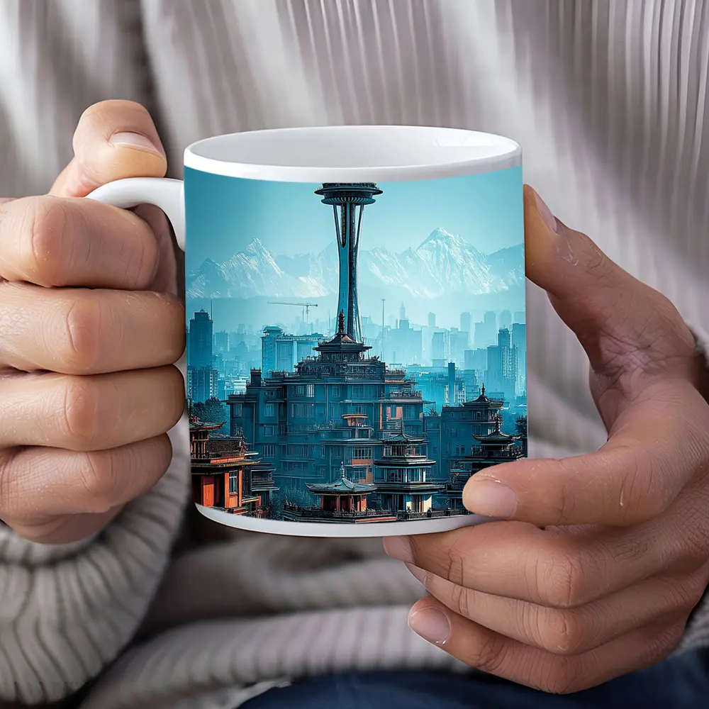 Seattle Space Needle Asian Architecture Skyline Mountains – Mugs