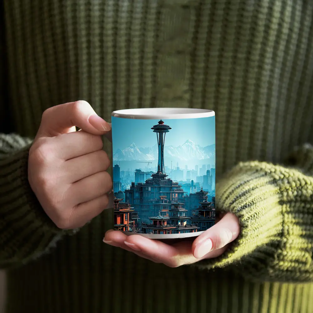 Seattle Space Needle Asian Architecture Skyline Mountains – Mugs