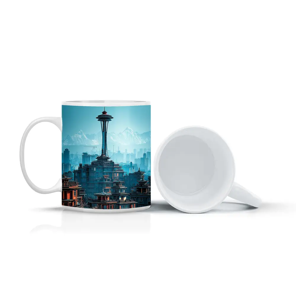 Seattle Space Needle Asian Architecture Skyline Mountains – Mugs