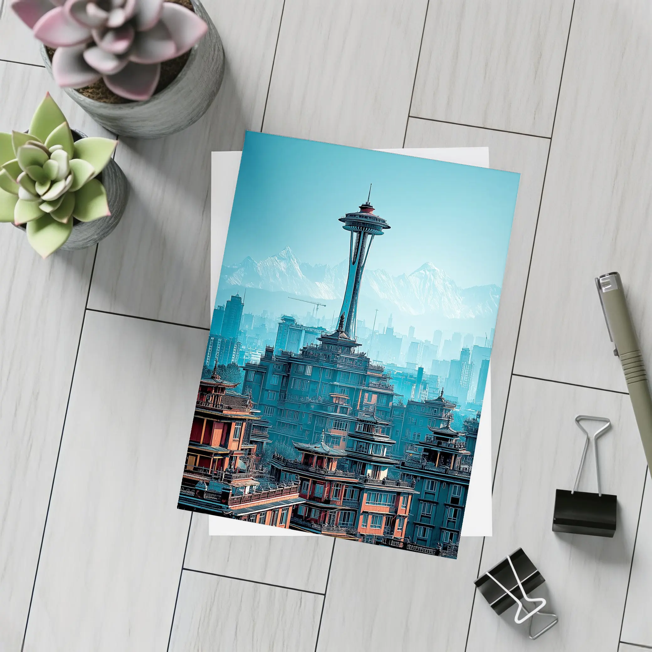 Seattle Space Needle Asian Architecture Skyline Mountains – Postcards