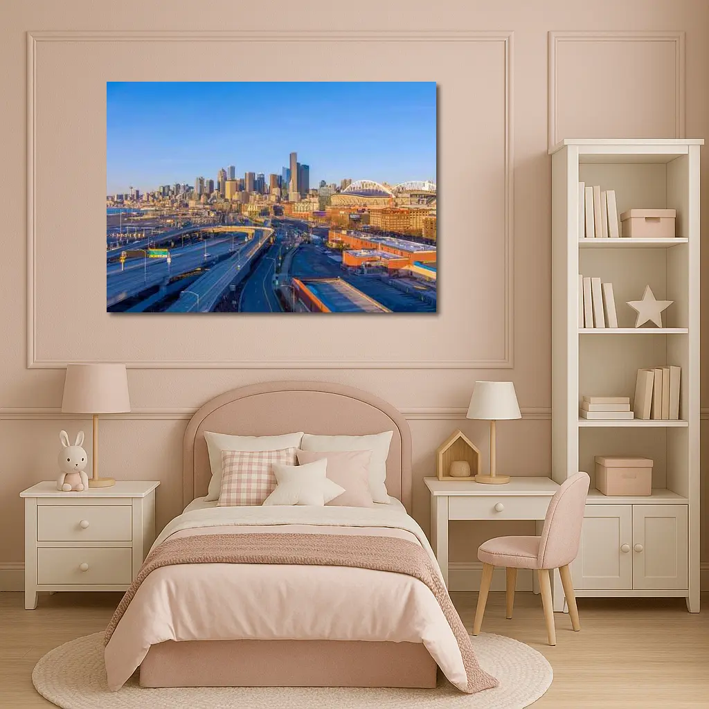 Seattle Skyline Aerial View Blue Sky – Wall Art
