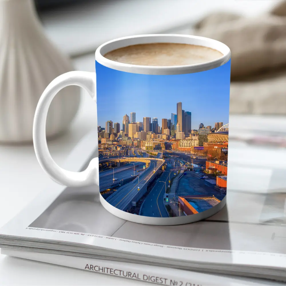Seattle Skyline Aerial View Blue Sky – Mugs
