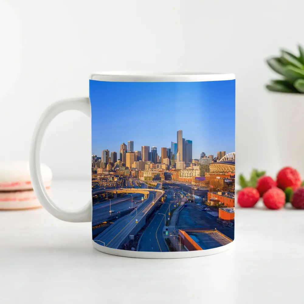 Seattle Skyline Aerial View Blue Sky – Mugs